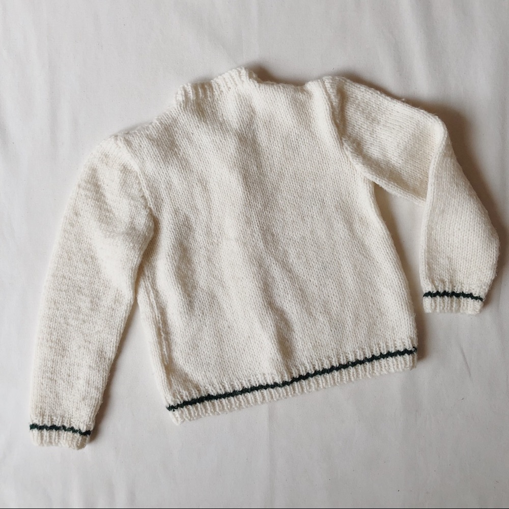Vintage HANDMADE cream deep green knit kids button up cardigan Size 8-10 - Picture 4 of 4